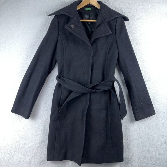 United Colors Of Benetton Women's Trench Coat Tie Waist Collared Black Size 42 - Picture 1 of 12